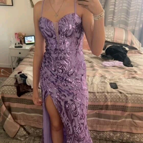 Purple Sequined Cami, Spaghetti Strap,  Slit Thigh Mermaid - Picture 10 of 11